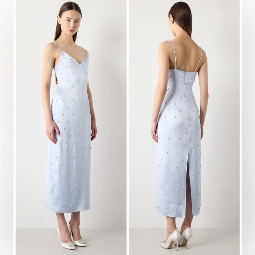 Alejandra Alonso Rojas Blue Fitted Silk Slip Midi Dress With Pearls - Picture 2 of 11